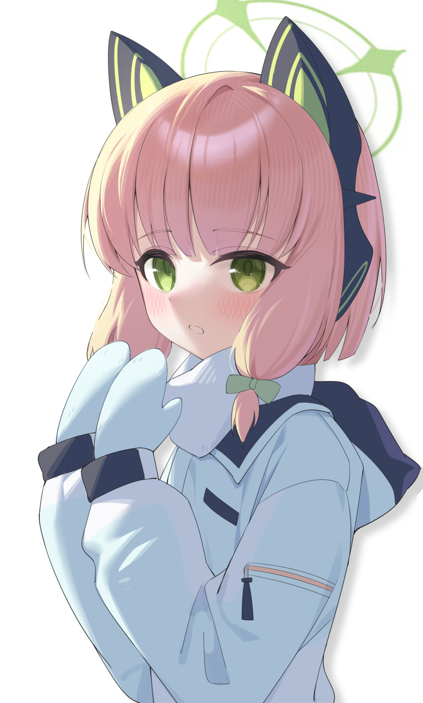 1girl absurdres animal_ear_headphones animal_ears aqua_coat aqua_mittens blonde_hair blue_archive blush cat_ear_headphones coat commentary fake_animal_ears green_eyes green_halo halo hands_up headphones highres hood hood_down hooded_coat jei_(user_tckk7448) long_sleeves looking_at_viewer midori_(blue_archive) midori_(winter)_(blue_archive) mittens official_alternate_costume parted_lips puffy_long_sleeves puffy_sleeves scarf shadow simple_background solo upper_body white_background white_mouth white_scarf winter_clothes