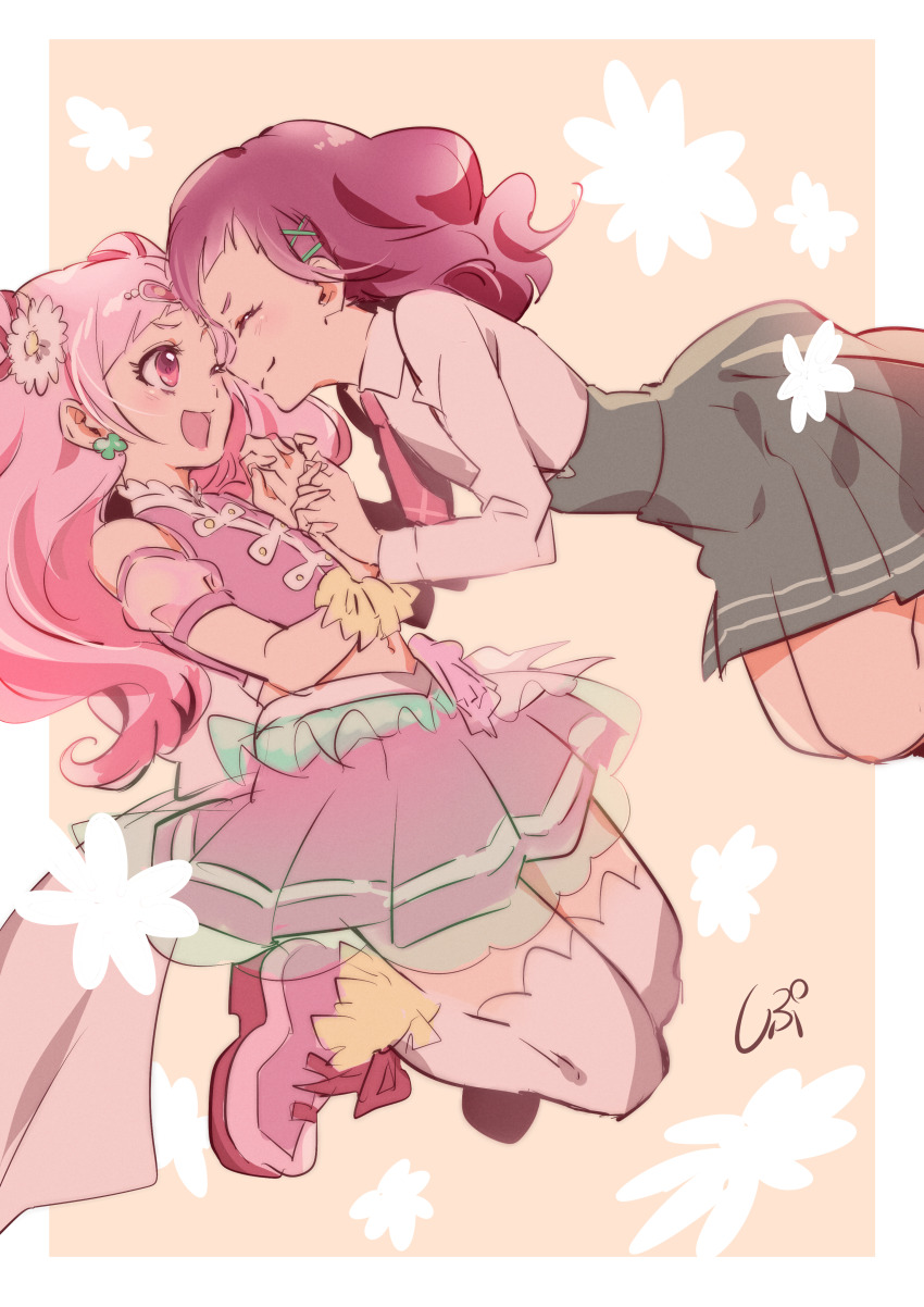 2girls ;d absurdres border closed_eyes closed_mouth collared_shirt crop_top cure_yell detached_sleeves grey_skirt hair_ornament hair_ribbon highres holding_hands hugtto!_precure l&#039;avenir_academy_school_uniform long_hair long_sleeves midriff miniskirt multiple_girls navel nono_hana one_eye_closed open_mouth pink_hair pink_skirt pink_sleeves pleated_skirt precure profile red_eyes red_hair red_ribbon ribbon school_uniform shipu_(gassyumaron) shirt short_sleeves skirt smile stomach white_border white_shirt wing_collar x_hair_ornament