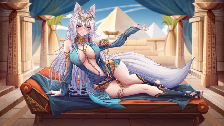 1girl ancient_egyptian ancient_egyptian_architecture animal_ear_fluff animal_ears blue_dress blue_eyes blue_nails blue_sky breasts center_opening dankira day dress egypt gold_armlet gold_collar gold_thighlet hair_between_eyes hieroglyphs indie_virtual_youtuber jewelry kneehighs large_breasts long_hair looking_at_viewer mole mole_under_mouth nail_polish navel_piercing obelisk paws_(vtuber) piercing plunging_neckline pyramid_(structure) revealing_clothes sandals sitting sky smile socks solo tail thighlet toenail_polish toenails very_long_hair virtual_youtuber white_hair white_tail wolf_ears wolf_girl wolf_tail yokozuwari