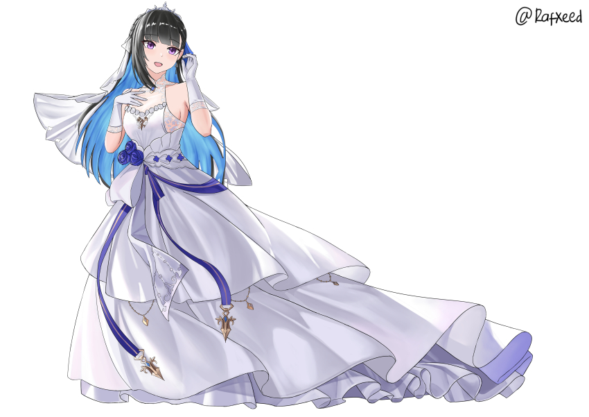 1girl absurdres black_hair blue_hair bridal_veil colored_inner_hair cosplay crown dress full_body gloves highres multicolored_hair open_mouth punishing:_gray_raven purple_eyes rafxeed rodney_(azur_lane) rodney_(azur_lane)_(cosplay) selena_(pgr) sleeveless sleeveless_dress solo veil wedding_dress white_background white_dress white_gloves white_veil