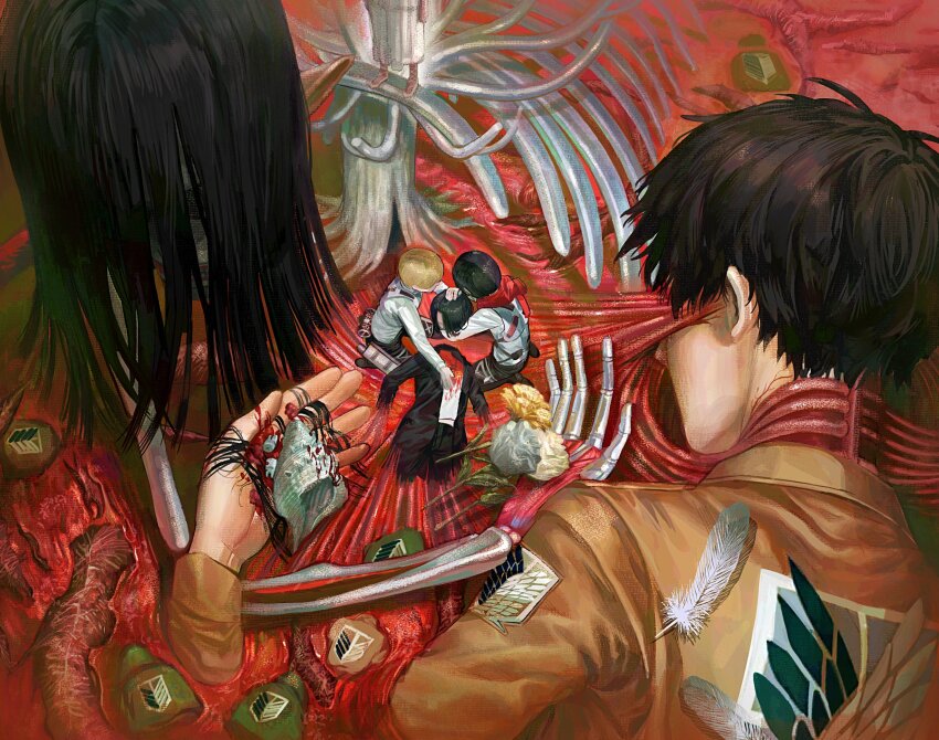 2girls 4boys ankle_lace-up armin_arlert black_hair black_jacket black_pants blonde_hair blood blood_on_clothes brown_jacket commentary corpse covered_eyes dress english_commentary entrails eren_yeager exposed_muscle feathers founding_titan from_above giant giant_skeleton highres holding holding_detached_head ikuta41 intestines jacket kneeling long_hair lying mikasa_ackerman multiple_boys multiple_girls multiple_persona on_back on_stomach organs out_of_frame pants paradis_military_uniform partially_submerged pointy_ears pool_of_blood print_jacket red_scarf scarf seashell severed_head shell shingeki_no_kyojin shirt shoes short_hair size_difference spoilers standing titan_(shingeki_no_kyojin) tooth tree veins white_dress white_footwear white_shirt wing_print ymir_fritz