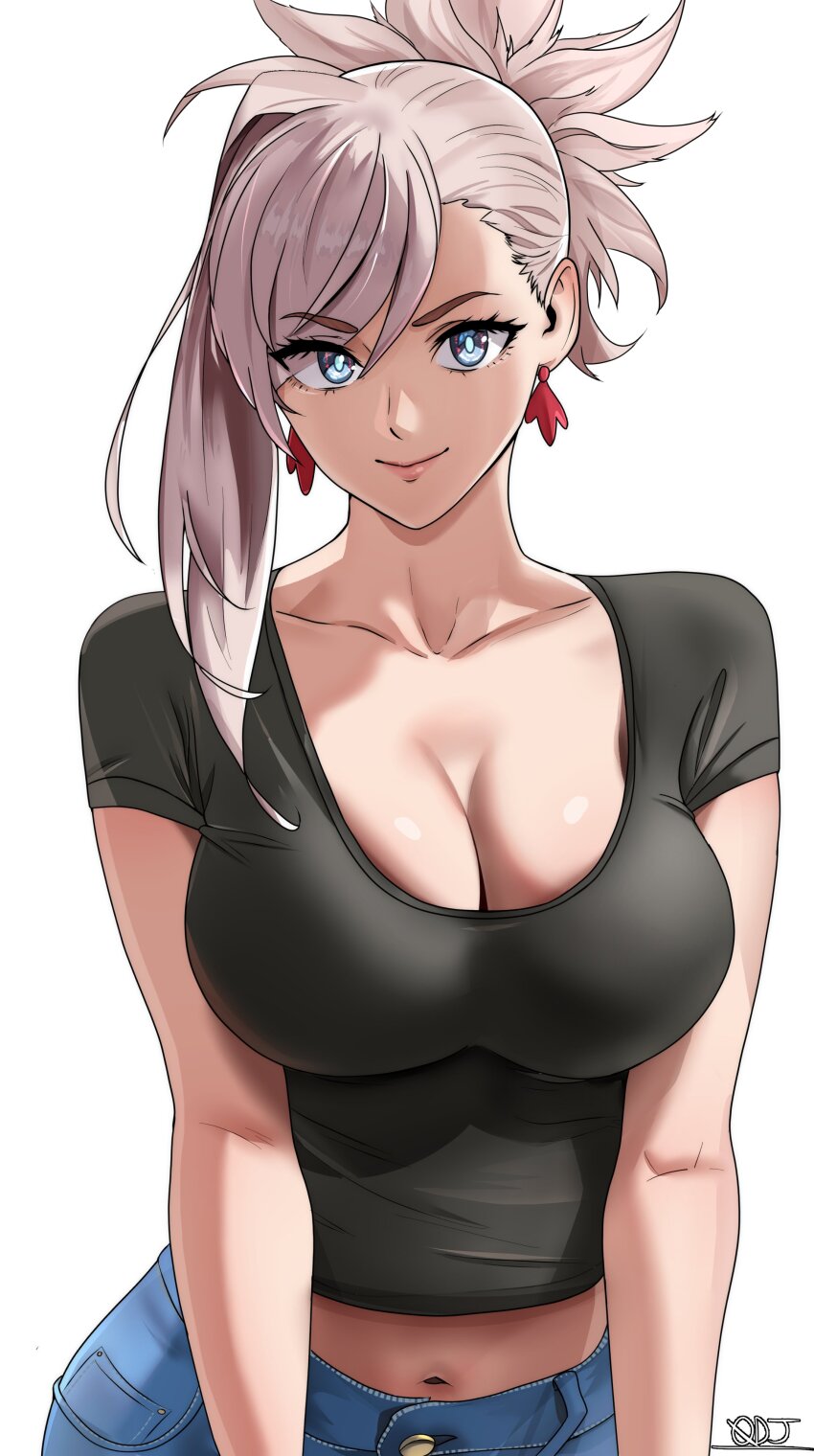 1girl absurdres black_shirt blue_eyes blue_pants breasts cleavage collarbone denim earrings fate/grand_order fate_(series) highres jeans jewelry large_breasts leaf_earrings long_hair looking_at_viewer midriff miyamoto_musashi_(fate) navel oldmanjenkins84 pants pink_hair ponytail shirt short_sleeves smile solo swept_bangs