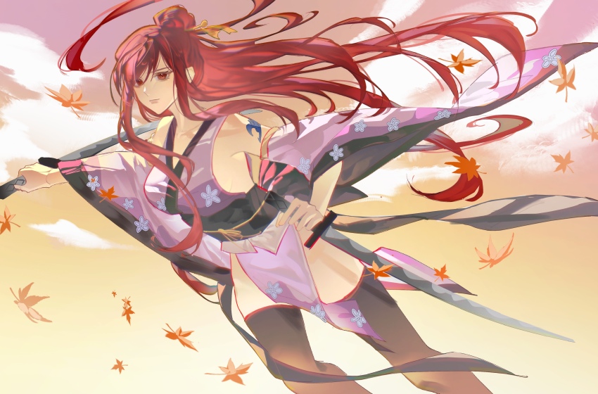 1girl absurdres arm_tattoo autumn_leaves black_socks breasts chinese_commentary cloud commentary_request detached_sleeves erza_scarlet fairy_tail falling_leaves floating_hair floral_print floral_print_kimono gradient_sky highres holding holding_sword holding_weapon japanese_clothes jumping kimono leaf long_hair looking_at_viewer medium_breasts over-kneehighs pelvic_curtain ponytail print_kimono purple_kimono red_eyes red_hair sideboob sky socks solo sword tattoo thighhighs user_cxka7875 weapon
