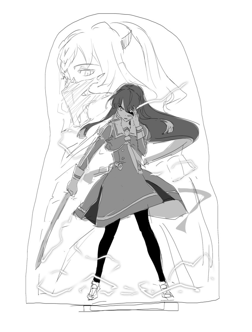 2girls black_pantyhose dress electricity full_body greyscale heijou_institute_school_uniform highres holding holding_sword holding_weapon ichikishimahime juujou_hiyori katana long_hair long_sleeves monochrome multiple_girls neckerchief pantyhose parted_lips sailor_collar school_uniform shoes sketch sleeve_cuffs solo_focus standing sword toji_no_miko v-shaped_eyebrows weapon white_background winter_uniform yamamoto_kichiko