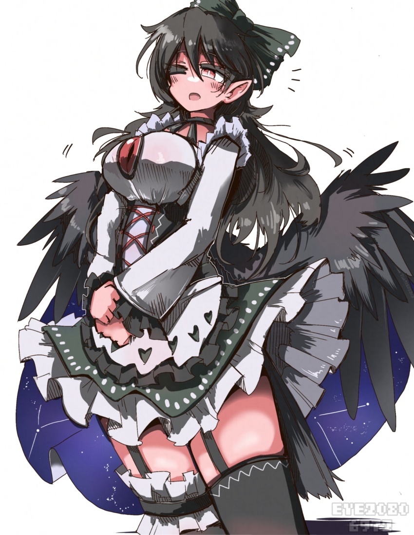 1girl asymmetrical_legwear bird_wings black_bow black_hair black_thighhighs black_wings blush bow breasts commentary constellation_print cross-laced_clothes eye20806972 frilled_skirt frills green_skirt hair_bow highres large_breasts long_hair maid mismatched_legwear one_eye_closed open_mouth pointy_ears red_eyes reiuji_utsuho simple_background skirt solo starry_sky_print thighhighs third_eye touhou white_background wings