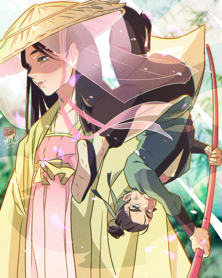 110isato 1girl absurdres bamboo black_hair chinese_clothes conical_hat dirty dirty_face disguise disney disney_princess fa_mulan_(disney) falling_petals fighting_stance green_ribbon hair_bun hanfu high_kick highres holding holding_polearm holding_weapon kicking long_hair midair petals pink_ribbon polearm ribbon signature soldier tree upside-down weapon