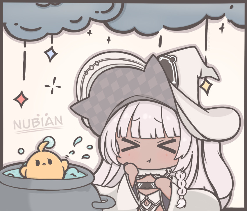 &gt;_&lt; 1girl azur_lane character_name chibi chibi_only commentary dark-skinned_female dark_skin detached_sleeves futaba_(anti_clockwise) hat large_hat nubian_(azur_lane) nubian_(normal_potion_maker)_(azur_lane) official_alternate_costume revealing_clothes solo symbol-only_commentary white_hat witch_hat
