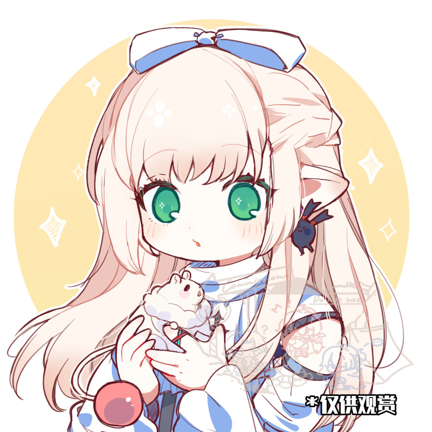 1girl animal blonde_hair blush detached_sleeves dress earrings eyebrows_hidden_by_hair final_fantasy final_fantasy_xiv flat_chest green_eyes hair_ribbon highres holding holding_animal homura792 jewelry lalafell long_bangs long_hair mouse_(animal) mouse_tail open_mouth pointy_ears ribbon scarf simple_background sleeveless sleeveless_dress solo sparkle_background sparkling_eyes spriggan_(final_fantasy) tail warrior_of_light_(ff14) white_dress white_ribbon white_scarf