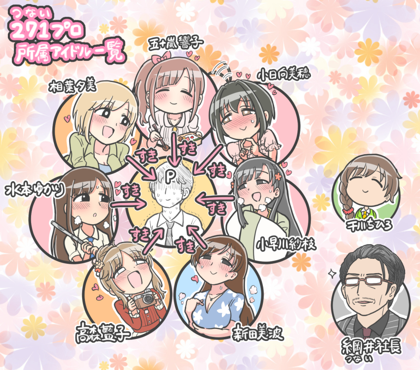 2boys ahoge aiba_yumi arrow_(symbol) black_hair black_suit blue_neckwear blue_shirt blush braid brown_hair camera character_name character_request closed_eyes floral_background formal_clothes glasses green_shirt hair_ornament heart highres idolmaster idolmaster_cinderella_girls igarashi_kyoko japanese_clothes kimono kobayakawa_sae kohinata_miho long_hair mizumoto_yukari multiple_boys multiple_girls nitta_minami producer_(idolmaster) senkawa_chihiro shirt short_hair side_ponytail smile steam_from_mouth suit takamori_aiko translation_request tsunamayo