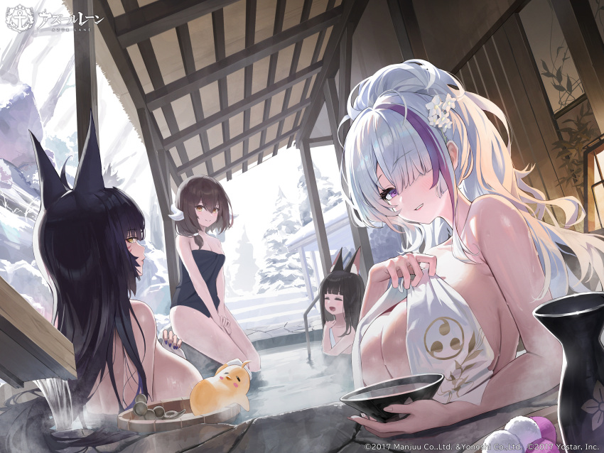 4girls absurdres animal_ear_fluff animal_ears azur_lane bird black_hair blunt_bangs breasts brown_hair bucket chick closed_eyes copyright_name cup flower food fox_ears grey_hair hair_between_eyes hair_flower hair_ornament hair_over_one_eye highres large_breasts long_hair looking_at_viewer manjuu_(azur_lane) medium_breasts mikasa_(azur_lane) multicolored_hair multiple_girls musashi_(azur_lane) nagato_(azur_lane) nail_polish onsen parted_lips partially_submerged purple_eyes sakazuki sitting snow soaking_feet steam streaked_hair thighs tree unzen_(azur_lane) upper_body water wet white_flower wooden_bucket yarn_(yarn_03) yellow_eyes