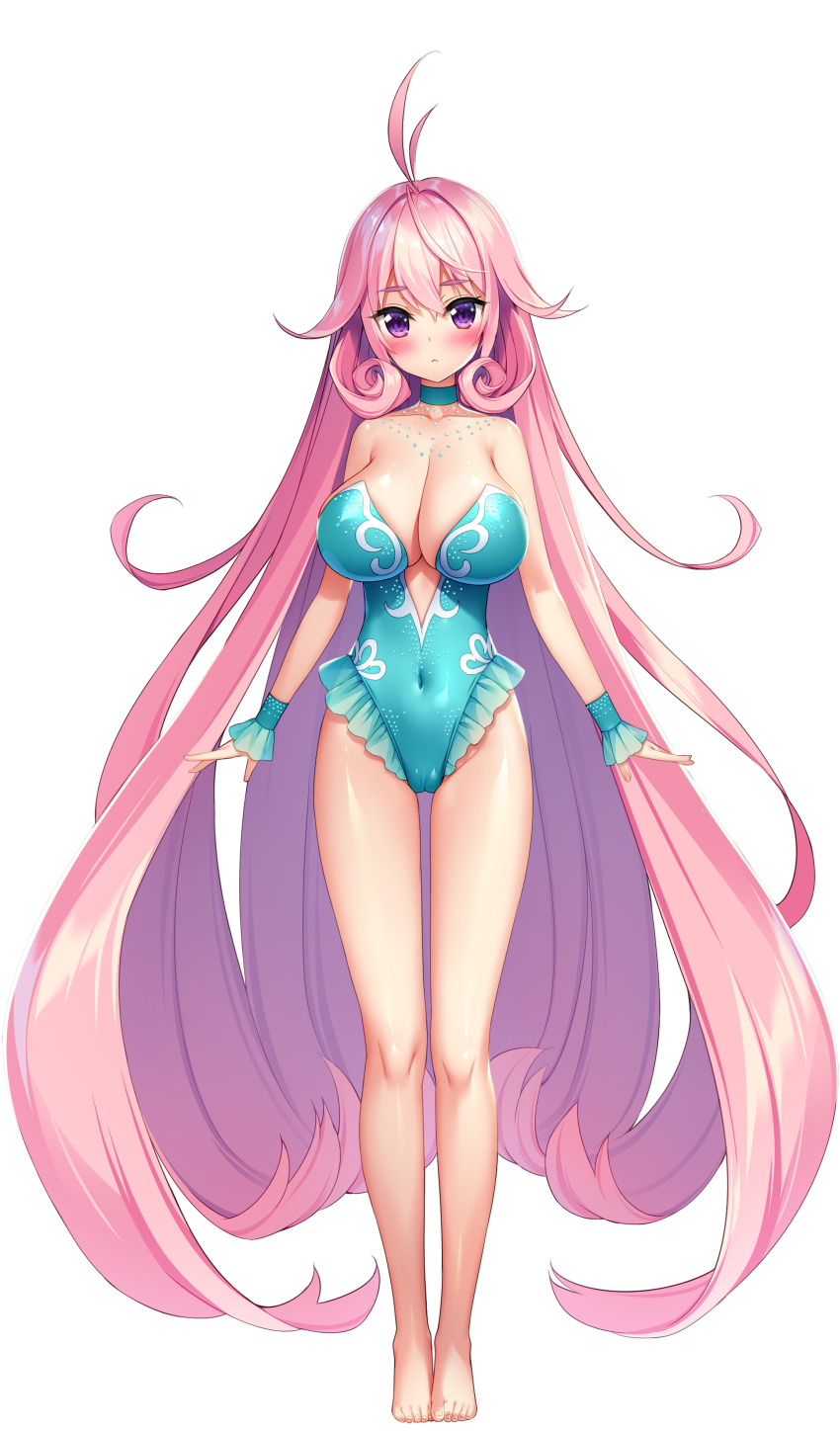 1girl absurdres antenna_hair aqua_choker aqua_leotard aqua_wrist_cuffs athletic_leotard barefoot blush breasts cameltoe choker cleavage closed_mouth covered_navel curly_sidelocks derauea frilled_leotard frills full_body game_cg highleg highres iizuki_riria large_breasts leotard long_hair long_sidelocks looking_at_viewer milk_factory motto!_haramase!_honoo_no_oppai_chou_ero_appli_gakuen! non-web_source official_art outstretched_arms pink_hair purple_eyes sidelocks skindentation solo spread_arms sprite standing tachi-e transparent_background very_long_hair wrist_cuffs