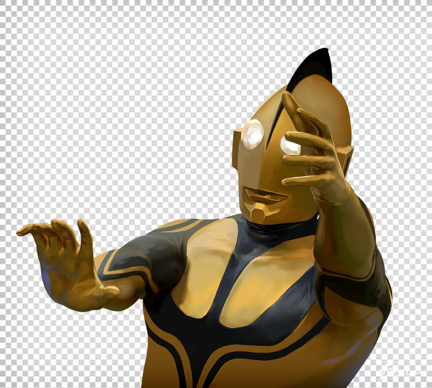 1boy black_skin colored_skin commentary_request derivative_work fake_transparency gold_skin grey_background hanekura_bou highres looking_ahead male_focus multicolored_skin no_pupils outstretched_arms outstretched_hand scene_reference shin_ultraman signature simple_background solo ultra_series ultraman_tarou_(series) yellow_eyes zoffy_(shin) zoffy_(ultra_series)