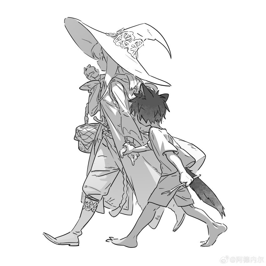 1boy 1girl absurdres barefoot basket bite_mark boots check_copyright child chinese_commentary coat commentary_request copyright_request facing_another following food from_side full_body greyscale hat height_difference highres holding holding_food holding_hands long_hair long_sleeves monochrome outstretched_arm pants pants_tucked_in profile shirt short_hair short_sleeves shorts sketch t-shirt tail tassel watermark weibo_watermark witch witch_hat www_planet