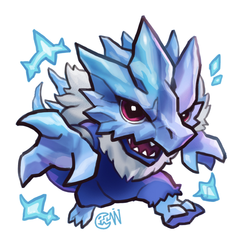 blucomon blue_fur blue_skin body_fur colored_skin commentary commission cwdw digimon digimon_(creature) dragon english_commentary full_body highres ice red_eyes simple_background white_background