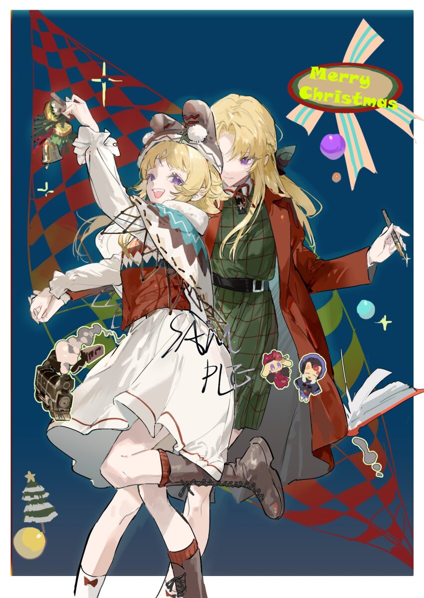 2girls :d belt blonde_hair blue_background book boots christmas christmas_tree coat dancing dress green_dress hair_between_eyes hair_ornament highres holding holding_hands jacket long_hair long_sleeves multiple_girls open_clothes open_mouth original plaid_clothes purple_eyes qyzhiaiyisheng red_coat ribbon shirt smile socks standing standing_on_one_leg white_dress