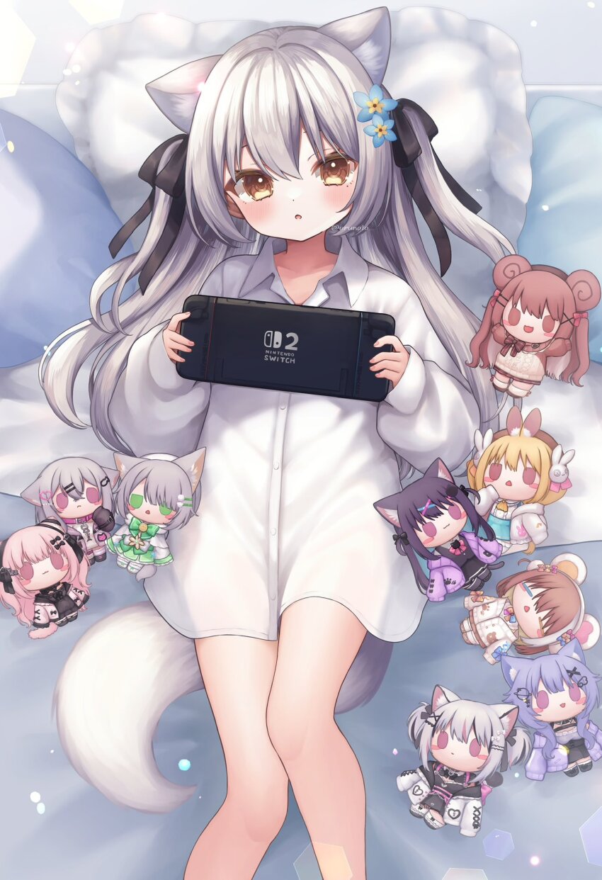 1girl animal_ears character_doll character_request commission copyright_request doll erunoto expressionless fox_ears fox_girl fox_tail grey_hair handheld_game_console highres holding holding_handheld_game_console indie_virtual_youtuber long_hair long_sleeves looking_at_viewer lying mitarai_komoru naked_shirt nintendo_switch_2 on_back original parted_lips pillow shirt skeb_commission tail two_side_up white_shirt yellow_eyes