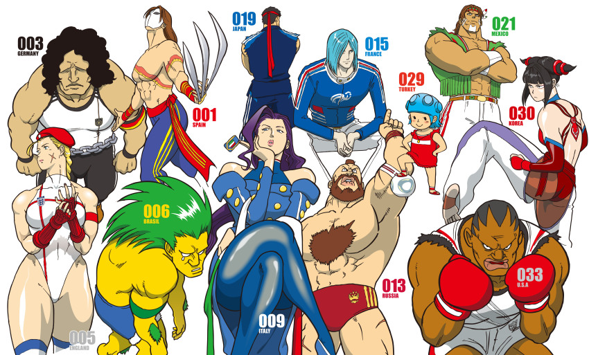 4girls 6+boys absurdres balrog_(street_fighter) blanka boxer brazil cammy_white capcom dark_skin england france germany hakan&#039;s_daughter hakan&#039;s_daughters han_juri highres hugo_andore italy japan korea mexico multiple_boys multiple_girls nappii_(nappy_happy) native_american ninja remy_(street_fighter) rose_(street_fighter) ryu_(street_fighter) soccer spain street_fighter street_fighter_iii_(series) thunder_hawk turkey_(country) united_states vega_(street_fighter) zangief