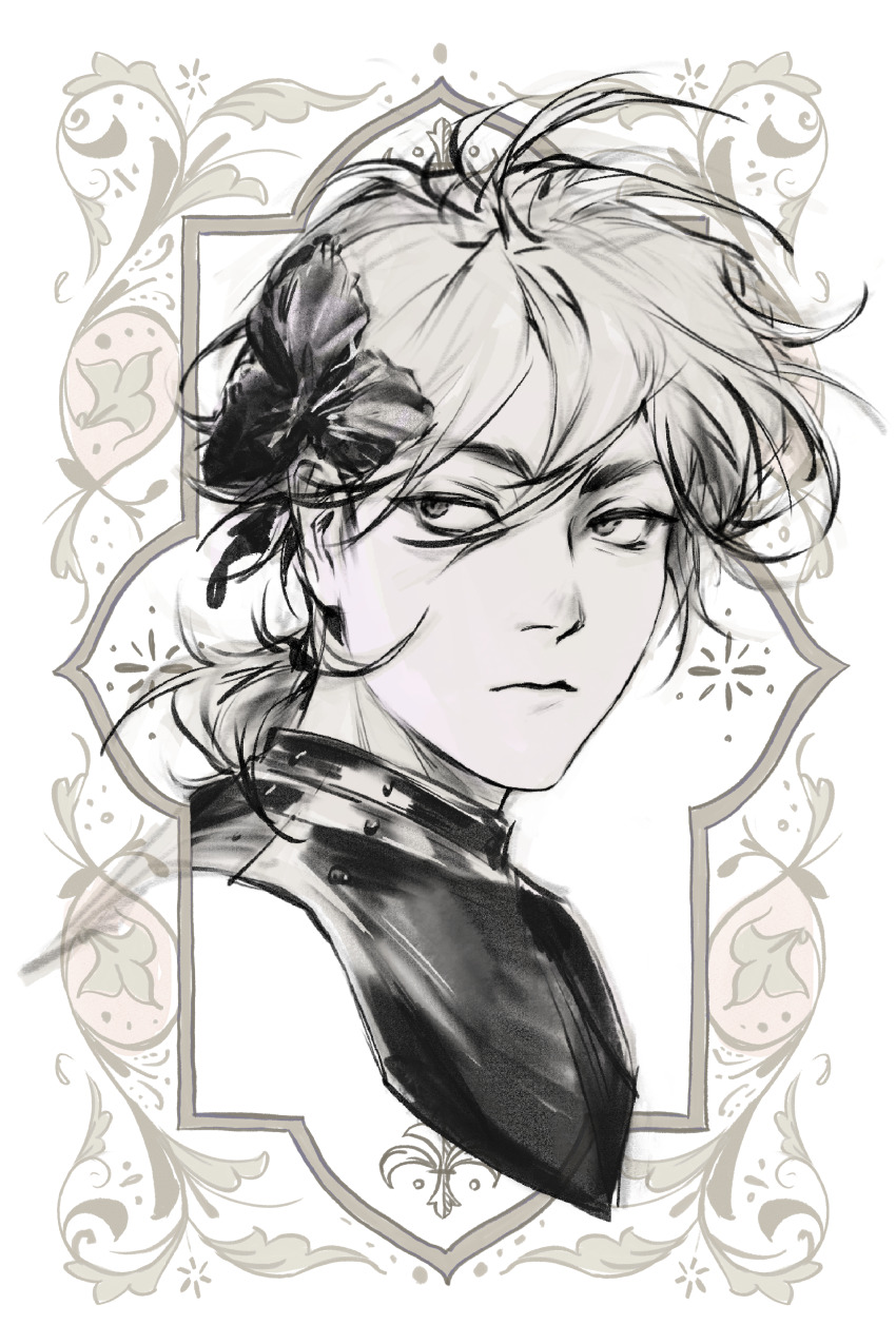 1boy absurdres alternate_costume armor border chinese_commentary closed_mouth commentary_request cropped_shoulders expressionless hair_between_eyes hair_ornament highres isoi_reiji male_focus medium_hair monochrome ornate_border saibou_shinkyoku sanpaku solo the_crowd v-shaped_eyebrows