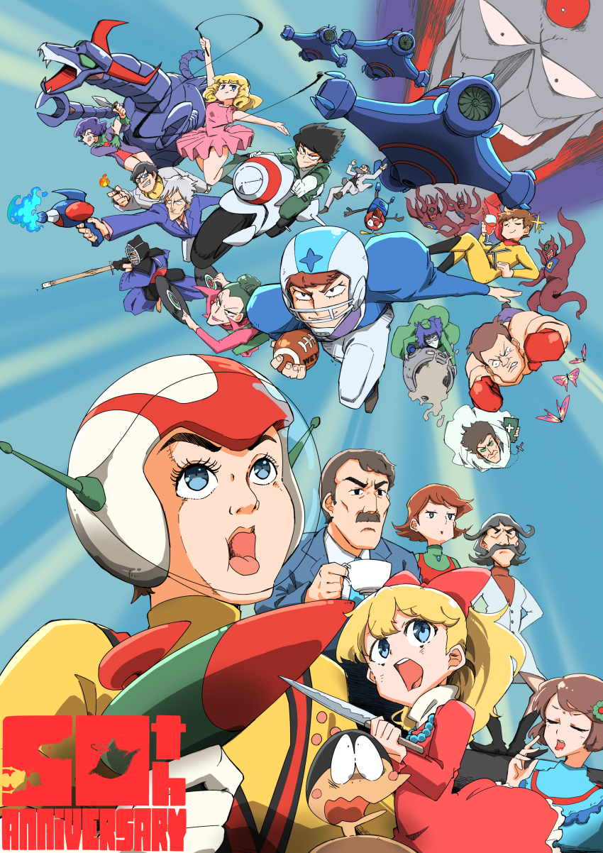 absurdres american_football_(object) anniversary ball bariquand_(chargeman_ken!) beard black_footwear black_hair blonde_hair blue_eyes bougu bow boxing_gloves brown_hair bug butterfly character_request chargeman_ken! cup delinquent_(chargemen_ken!) doctor_volga dress drinking_glass energy_gun facial_hair green_hair grey_hair hair_bun highres holding holding_cup holding_knife holding_ray_gun insect inverted_cross_necklace izumi_caron izumi_ken jewelry jural kendo_mask kmiy_(chargeman_ken!) knife maou_(chargeman_ken!) motor_vehicle motorcycle multiple_boys multiple_girls mustache nagisa-sensei naitsupic necklace necktie open_mouth papa_(chargeman_ken!) purple_hair ray_gun red_bow sunglasses tutu vinyl_record weapon wine_glass
