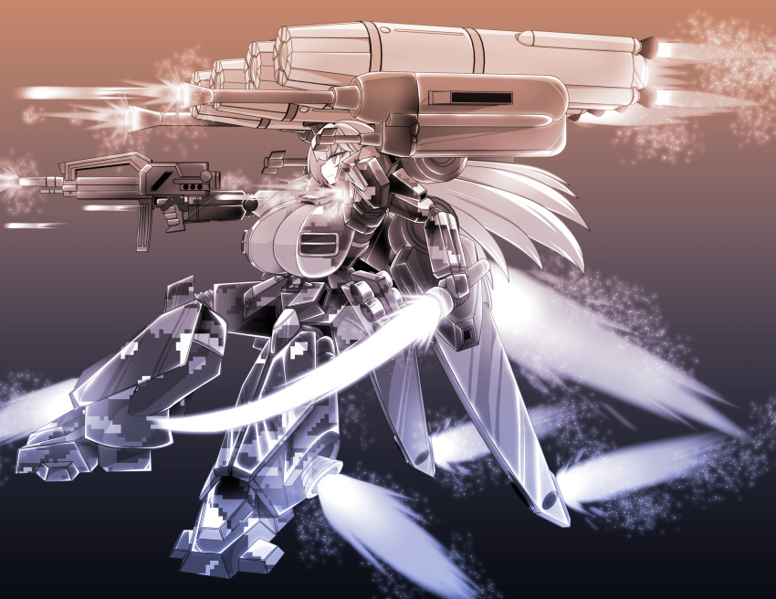 1girl absurdres armor autocannon banshee_(last_origin) beam_rifle black_background breasts brown_background cannon commentary_request energy_gun energy_sword firing flying gradient_background green_hair gun gundam gundam_battle_operation_2 gundam_unicorn hair_between_eyes highres holding holding_gun holding_sword holding_weapon huge_breasts korean_commentary last_origin lazy_ant long_hair looking_ahead machinery mecha_musume missile mobile_suit original prototype_stark_jegan science_fiction solo sword thrusters vernier_thrusters weapon
