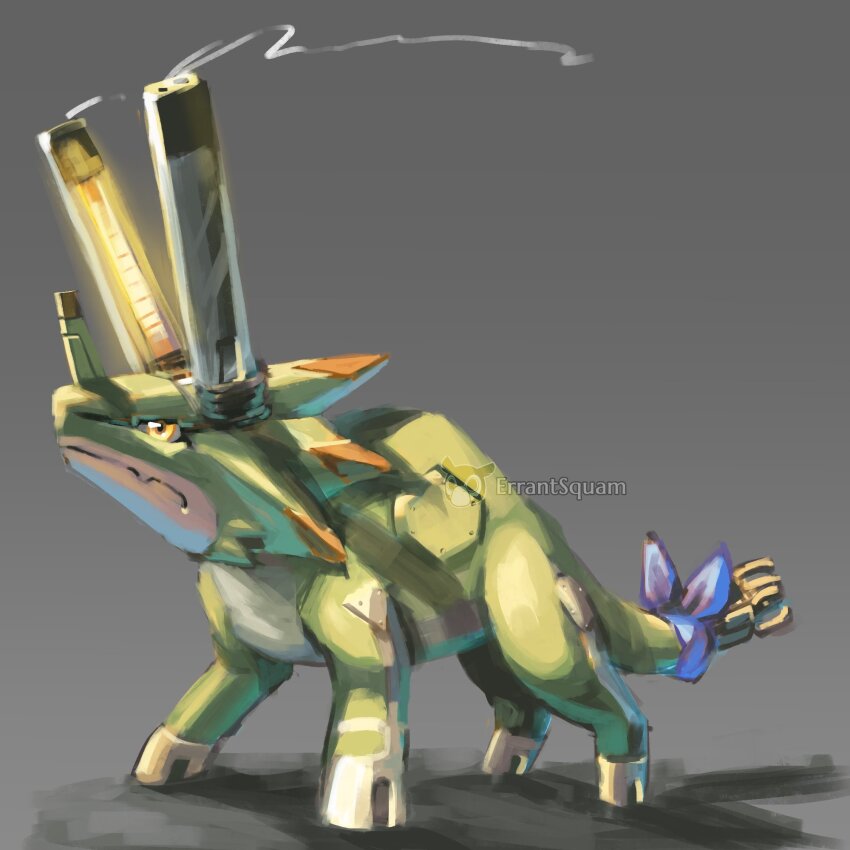 all_fours cannon colored_skin digimon digimon_(creature) digimon_ghost_game dinosaur errantsquam full_body green_skin grey_background gun highres horns no_humans shadow smoke smoking_barrel triceratops weapon wezengammamon yellow_eyes