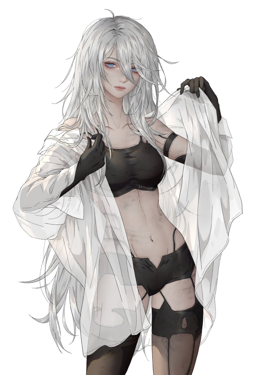 1girl a2_(nier:automata) armlet artelsia bare_shoulders black_bra black_gloves black_panties black_stripes black_thighhighs blue_eyes bra brown_thighhighs collarbone collared_shirt dirt elbow_gloves gloves hair_between_eyes hair_over_shoulder highres holding holding_shirt holding_unworn_clothes jewelry long_hair looking_at_viewer makeup messy_hair midriff mole mole_under_mouth narrow_waist navel nier:automata nier_(series) open_clothes open_shirt panties red_lips see-through_clothes see-through_shirt shirt shirt_partially_removed signature simple_background solo sports_bra striped_clothes striped_thighhighs thighhighs thighs two-tone_thighhighs underwear unworn_shirt white_background white_hair white_shirt zettai_ryouiki