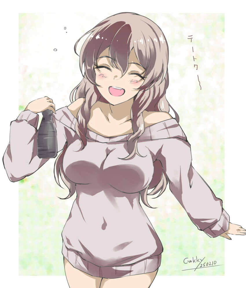 1girl bottle breasts closed_eyes commentary_request covered_navel dress faceless faceless_male gakky grey_dress grey_hair highres holding holding_bottle kantai_collection long_hair medium_breasts off-shoulder_dress off_shoulder official_alternate_costume pola_(kancolle) pola_(saury_festival)_(kancolle) solo sweater sweater_dress tokkuri
