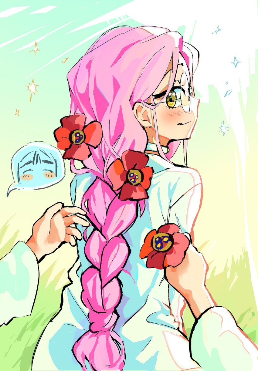 2girls alien_stage anemone_(flower) braid choker commentary dress female_pov flower glasses grass hair_flower hair_ornament hashtag-only_commentary highres holding holding_flower long_hair long_sleeves looking_back low-braided_long_hair low-tied_long_hair mizi_(alien_stage) multiple_girls pov red_flower round_eyewear single_braid solo_focus spoken_character sua_(alien_stage) sunnyirry white_choker white_dress yellow_eyes