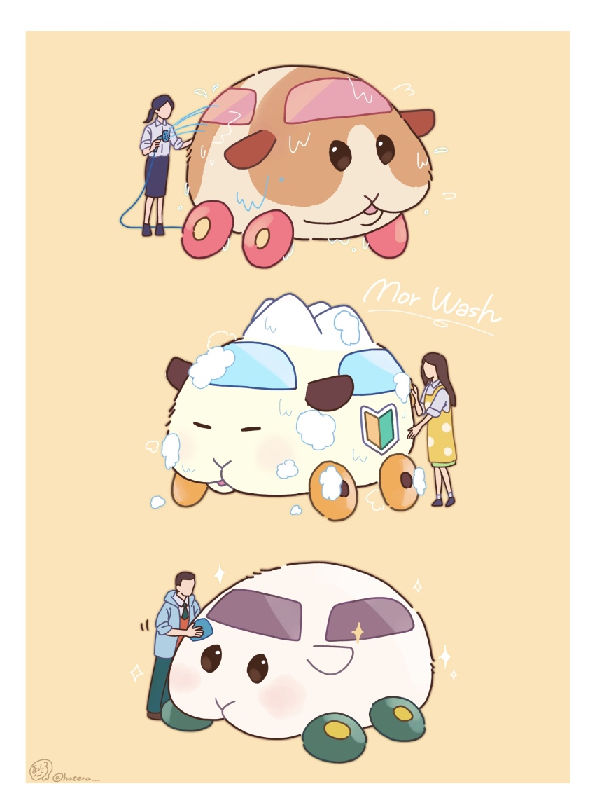 1boy 2girls abbey_(pui_pui_molcar) absurdres artist_name car_wash closed_eyes commentary_request faceless faceless_female faceless_male guinea_pig highres hose masshirokachi molcar motor_vehicle multiple_girls potato&#039;s_driver_(pui_pui_molcar) potato_(pui_pui_molcar) pui_pui_molcar shiromo&#039;s_driver_(pui_pui_molcar) shiromo_(pui_pui_molcar) shoshinsha_mark signature simple_background soap_bubbles sparkle washing washing_vehicle wheel yellow_background