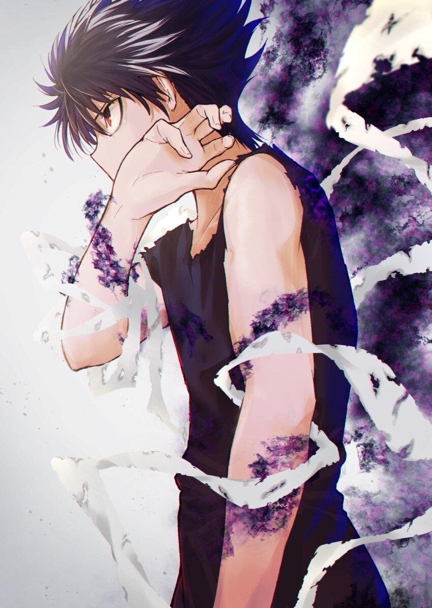 1boy absurdres aura bandages black_hair black_tank_top covering_own_mouth dark_aura from_side hiei_(yu_yu_hakusho) highres looking_ahead male_focus red_eyes shirt short_hair simple_background solo spiked_hair tank_top upper_body white_background yabelion_(yabe_togi) yuu_yuu_hakusho