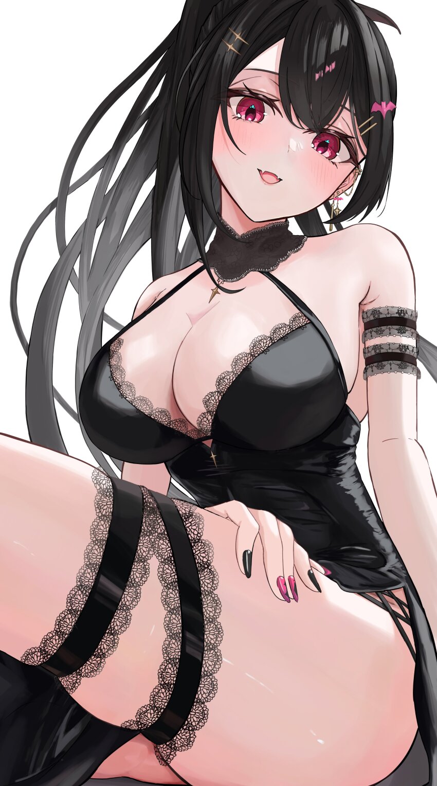1girl absurdres arm_strap bare_shoulders bat_hair_ornament black_dress black_hair black_nails breasts dontsu dress ear_chain ear_piercing earrings evening_gown fangs hair_ornament hairclip hand_on_own_thigh highres jewelry kuroha_arya lace lace-trimmed_collar lace-trimmed_dress lace_trim large_breasts leg_up linked_piercing long_hair looking_at_viewer multicolored_nails nail_art open_mouth piercing pink_eyes pink_nails plunging_neckline ponytail side_slit simple_background single_earring sitting skindentation solo thigh_strap thighs vampire very_long_hair virtual_youtuber vspo! vspo!_en white_background