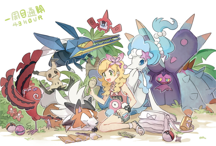 1girl alternate_hair_color bag blonde_hair braid commentary_request flower gen_4_pokemon gen_7_pokemon hair_brush hair_flower hair_ornament heal_ball holding huan_li long_hair lycanroc lycanroc_(dusk) mimikyu nintendo oricorio oricorio_(baile) pink_shirt poke_ball poke_ball_(basic) pokemon pokemon_(creature) pokemon_usum primarina rotom rotom_dex sandals selene_(pokemon) shirt shorts sleeveless sleeveless_shirt toxapex twin_braids unworn_bag vikavolt