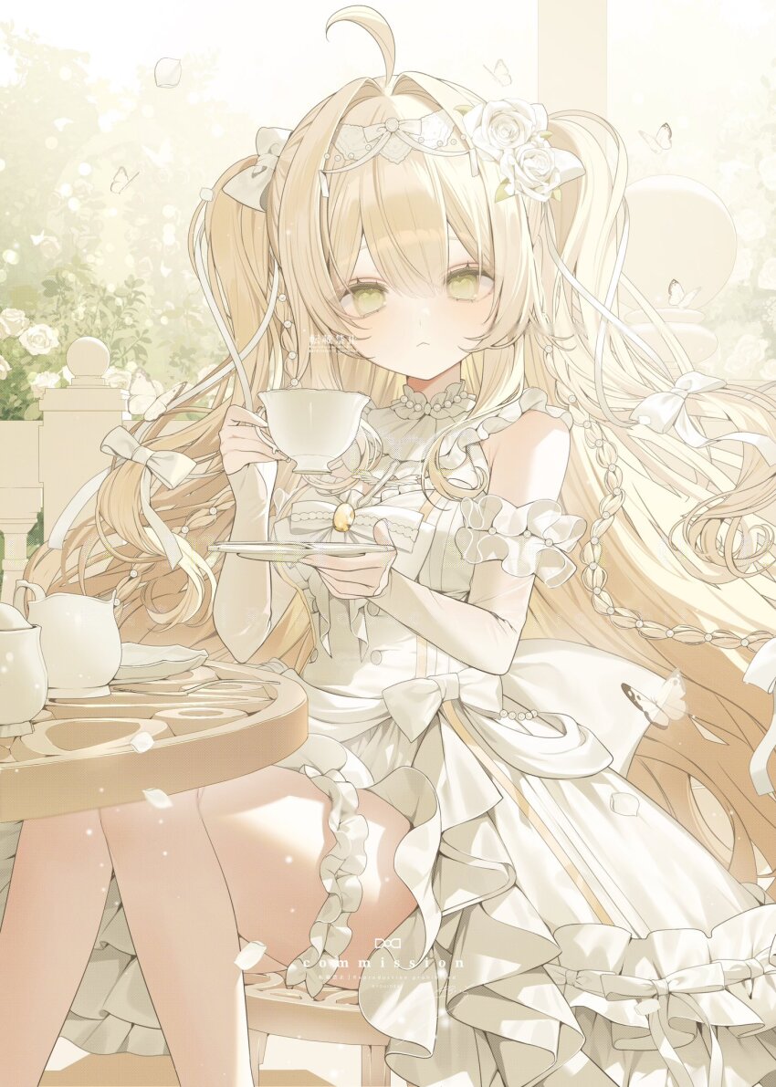 1girl :&lt; ahoge bare_shoulders blonde_hair bow braid bug bush butterfly closed_mouth commentary commission cup day detached_sleeves dress falling_petals flower frilled_thigh_strap gem green_eyes hair_between_eyes hair_bow hair_flower hair_intakes hair_ornament hairband hands_up heart heart-shaped_pupils highres holding holding_cup holding_saucer insect long_hair long_sleeves looking_at_viewer original outdoors petals pitcher_(container) rose saucer sitting skeb_commission sleeveless sleeveless_dress sleeves_past_wrists solo symbol-only_commentary symbol-shaped_pupils table thigh_strap two_side_up white_bow white_butterfly white_dress white_flower white_hairband white_rose white_sleeves yellow_gemstone youichi_(45_01)
