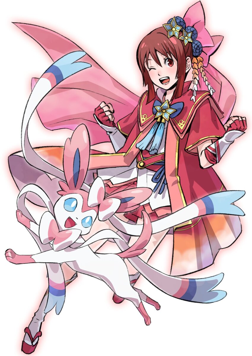 arms_up creatures_(company) game_freak gen_6_pokemon hair_between_eyes hair_ornament hair_ribbon highres japanese_clothes kimono kimono_skirt legs lips lipstick makeup medium_hair nintendo oichi oichi_(sengoku_musou) one_eye_closed parted_bangs platform_footwear pokemon pokemon_conquest red_eyes red_hair ribbon sengoku_musou sengoku_musou_5 skirt smile sylveon tabi wink