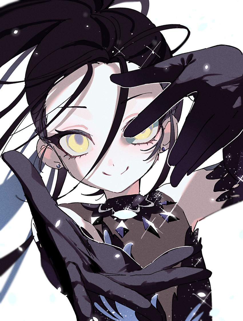 1girl black_dress black_gloves black_hair closed_mouth commentary_request dress earrings elbow_gloves figure_skating_dress gloves highres jewelry kamisaki_hikaru long_hair looking_at_viewer medalist_(manga) simple_background siotanikun smile solo stud_earrings white_background yellow_eyes