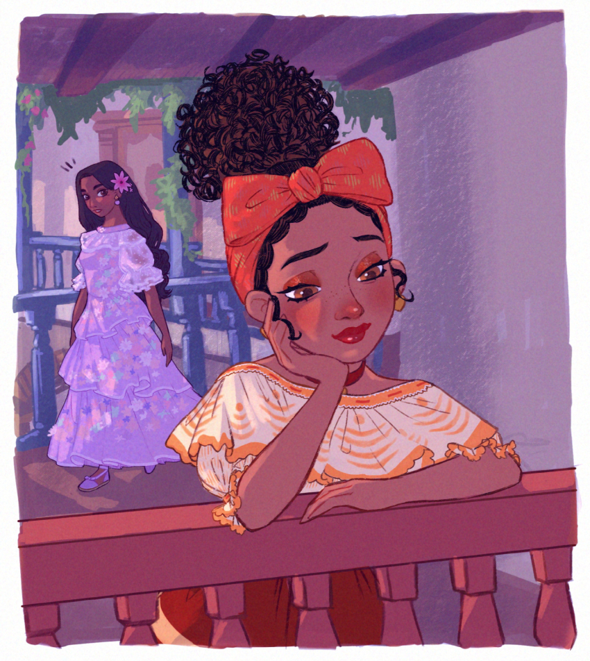 bow brown_eyes brown_hair choker curly_hair dark-skinned_female dark_skin dolores_madrigal dress earrings encanto hair_bow heart heart_earrings highres isabela_madrigal jewelry multiple_girls red_bow red_choker shirt simple_background smile user_wtwz3334 very_dark_skin