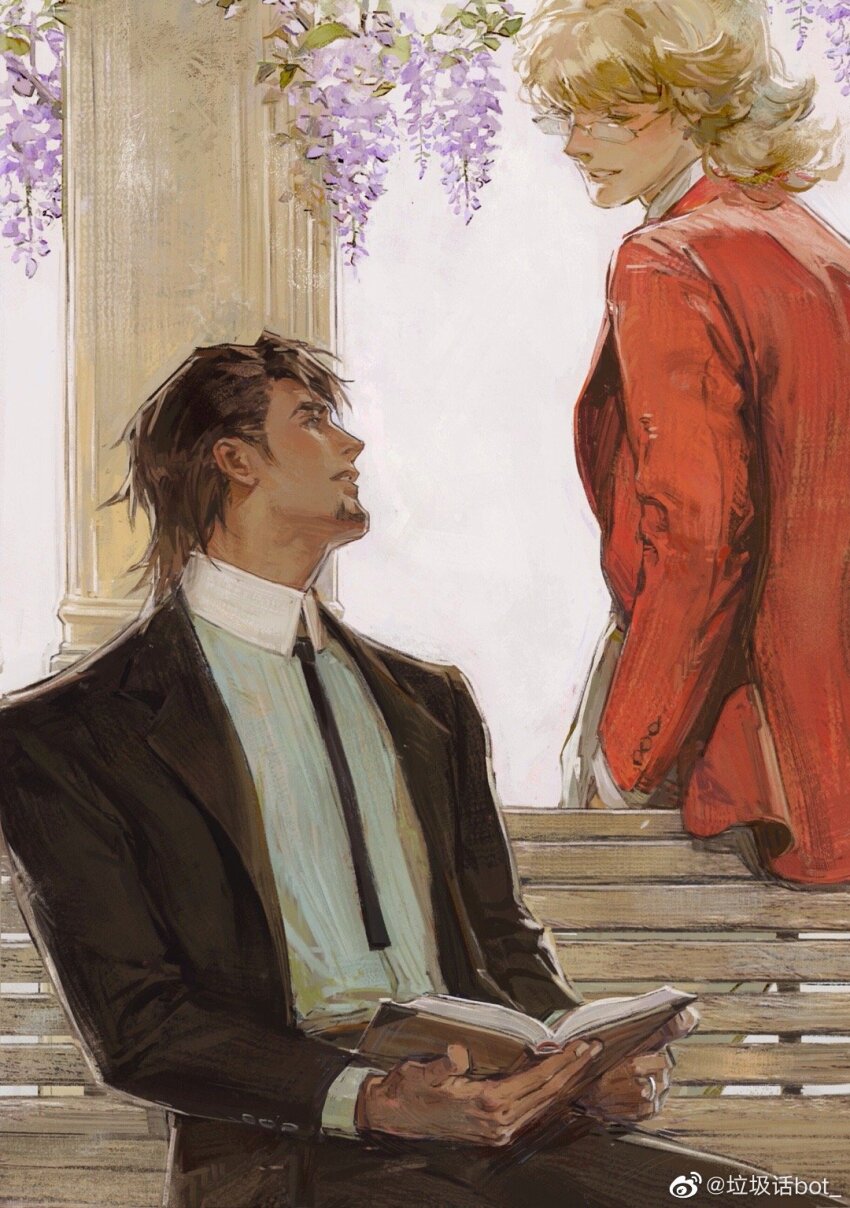 2boys barnaby_brooks_jr. bench black_jacket black_necktie blush book brown_hair collared_shirt creamyghost facial_hair flower glasses goatee highres holding holding_book implied_yaoi jacket kaburagi_t._kotetsu looking_at_another male_focus multiple_boys necktie parted_lips purple_flower red_jacket shirt short_hair tiger_&amp;_bunny white_background white_shirt wisteria