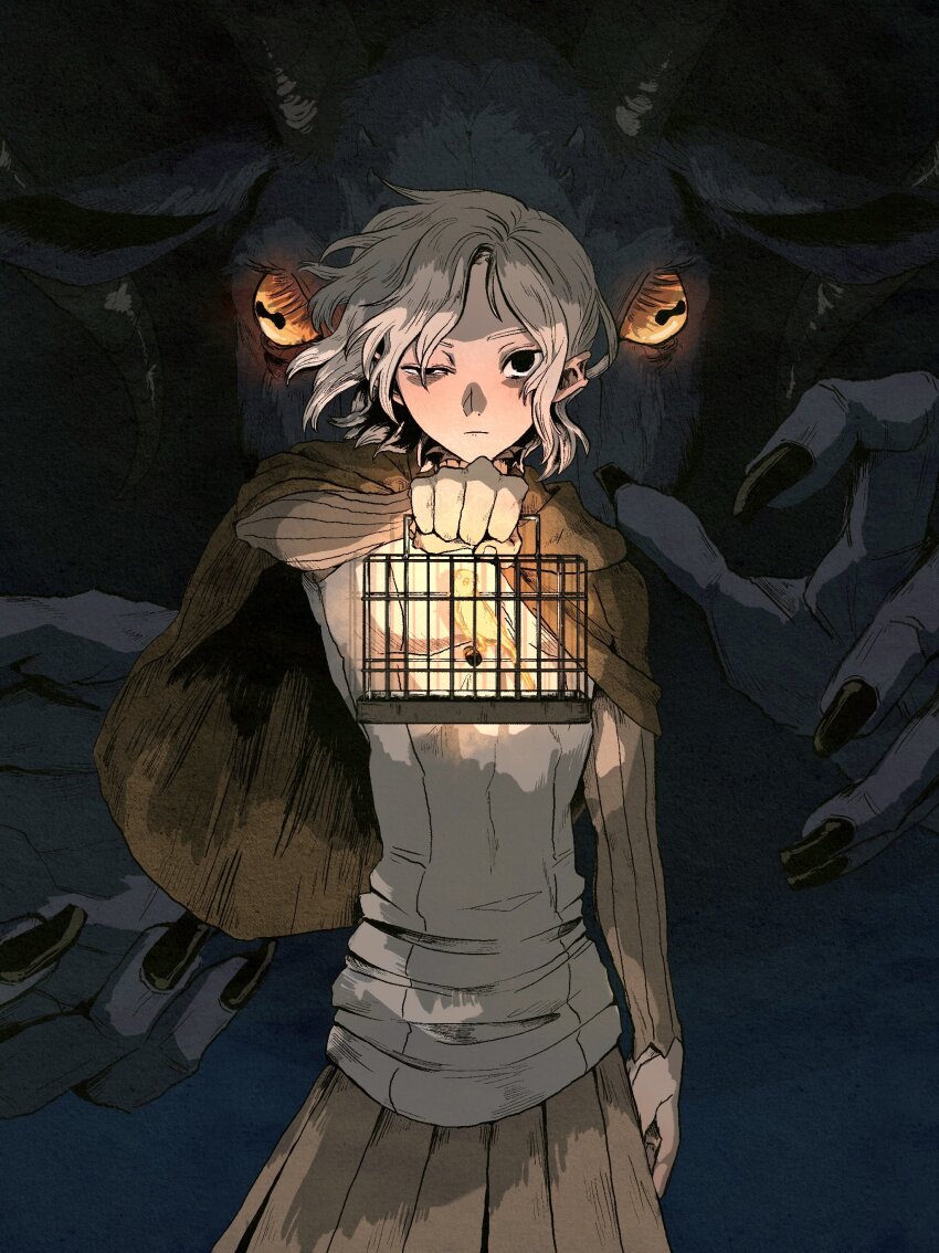 1boy absurdres animal arm_up bags_under_eyes birdcage black_eyes black_nails cage canary cloak demon dungeon_meshi elf glowing goat goat_(dungeon_meshi) gorget grey_hair highres holding holding_cage hood hooded_cloak horizontal_pupils horns lazy_eye long_sleeves looking_at_viewer male_focus mithrun notched_ear pachix2_corgi pointy_ears shirt short_hair straight-on symbol-shaped_pupils tunic uneven_eyes wavy_hair yellow_eyes