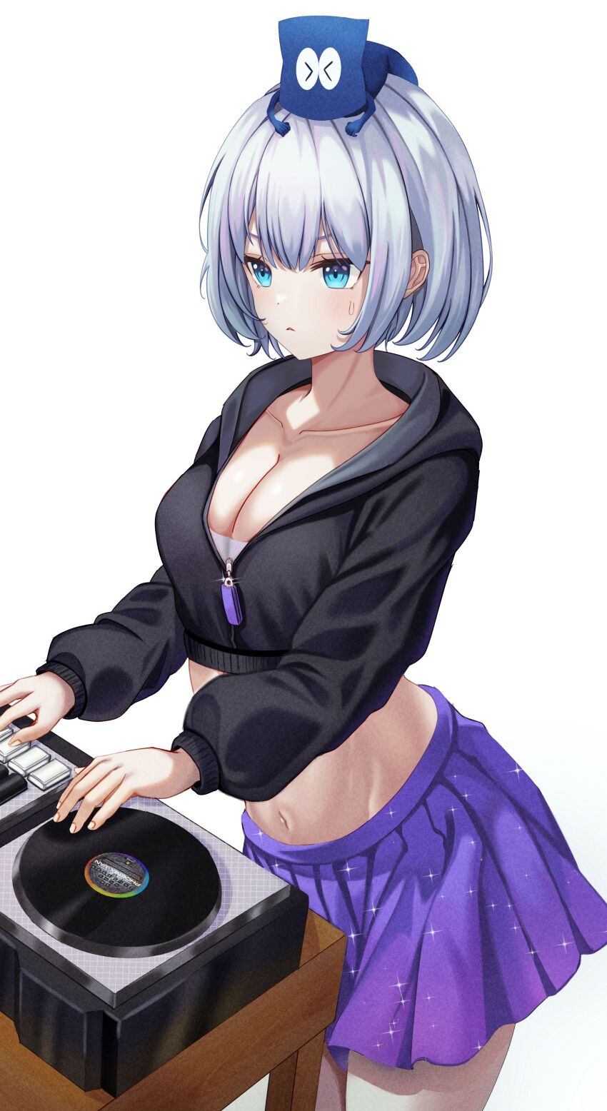 1girl absurdres artist_request black_hoodie blue_eyes breasts cleavage collarbone commentary_request commission cowboy_shot creature_on_head crop_top cropped_hoodie highres hood hood_down hoodie korean_commentary long_sleeves looking_ahead medium_breasts midriff miniskirt navel oc_(jomhwa) original parted_lips phonograph pleated_skirt purple_skirt second-party_source shirt short_hair simple_background skirt solo sparkle stomach sweatdrop turntable undershirt v-shaped_eyebrows white_background white_hair white_shirt