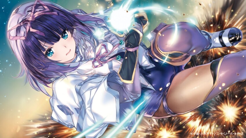 1girl arm_guards black_pantyhose blue_eyes blue_hair blue_one-piece_swimsuit blunt_bangs blush bob_cut capelet competition_school_swimsuit covered_navel end_card explosion explosion_background hair_ribbon highres izumi_hina_(neet_kunoichi) leg_up looking_at_viewer min-naraken neet_de_otaku_na_kunoichi_to_naze_ka_dousei_hajimemashita ninja official_art one-piece_swimsuit open_mouth pantyhose pantyhose_under_swimsuit purple_ribbon ribbon school_swimsuit solo split standing standing_on_one_leg standing_split swimsuit swimsuit_under_clothes thighhighs white_capelet