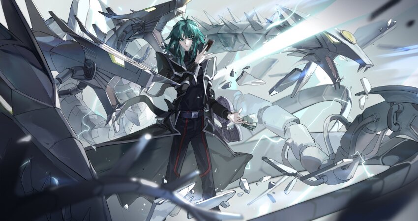 1boy belt black_coat black_pants black_shirt closed_mouth coat cyber_dragon cyber_end_dragon cyber_twin_dragon dragon dragon_horns duel_disk duel_monster fangs glowing glowing_eyes green_eyes green_hair highres horns long_hair marufuji_ryo non-humanoid_robot open_mouth pants robot robot_dragon shirt shitakawa yu-gi-oh! yu-gi-oh!_gx