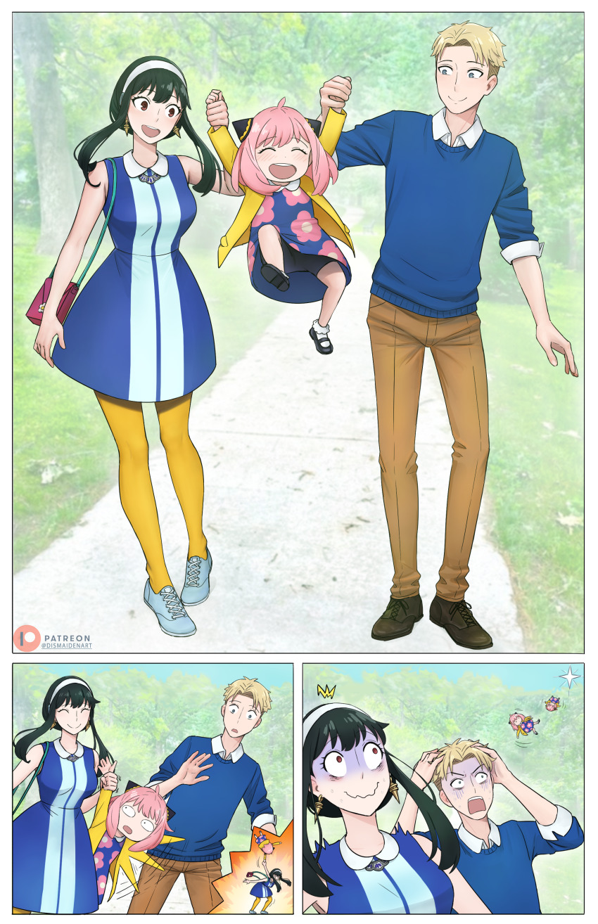 1boy 2girls absurdres anya_(spy_x_family) bag black_hair black_shorts blonde_hair blue_dress blue_eyes blue_sweater brown_pants child closed_eyes closed_mouth collared_dress collared_shirt commentary dismaiden dress earrings english_commentary family floral_print_dress hairband hairpods handbag highres jacket jewelry mary_janes medium_hair midair multiple_girls open_mouth outdoors pants pantyhose patreon_logo patreon_username photo_background pink_hair red_eyes shirt shoes short_hair shorts shorts_under_dress smile socks spy_x_family sweater thrown tree twilight_(spy_x_family) very_short_hair white_hairband white_socks yellow_jacket yellow_pantyhose yor_briar