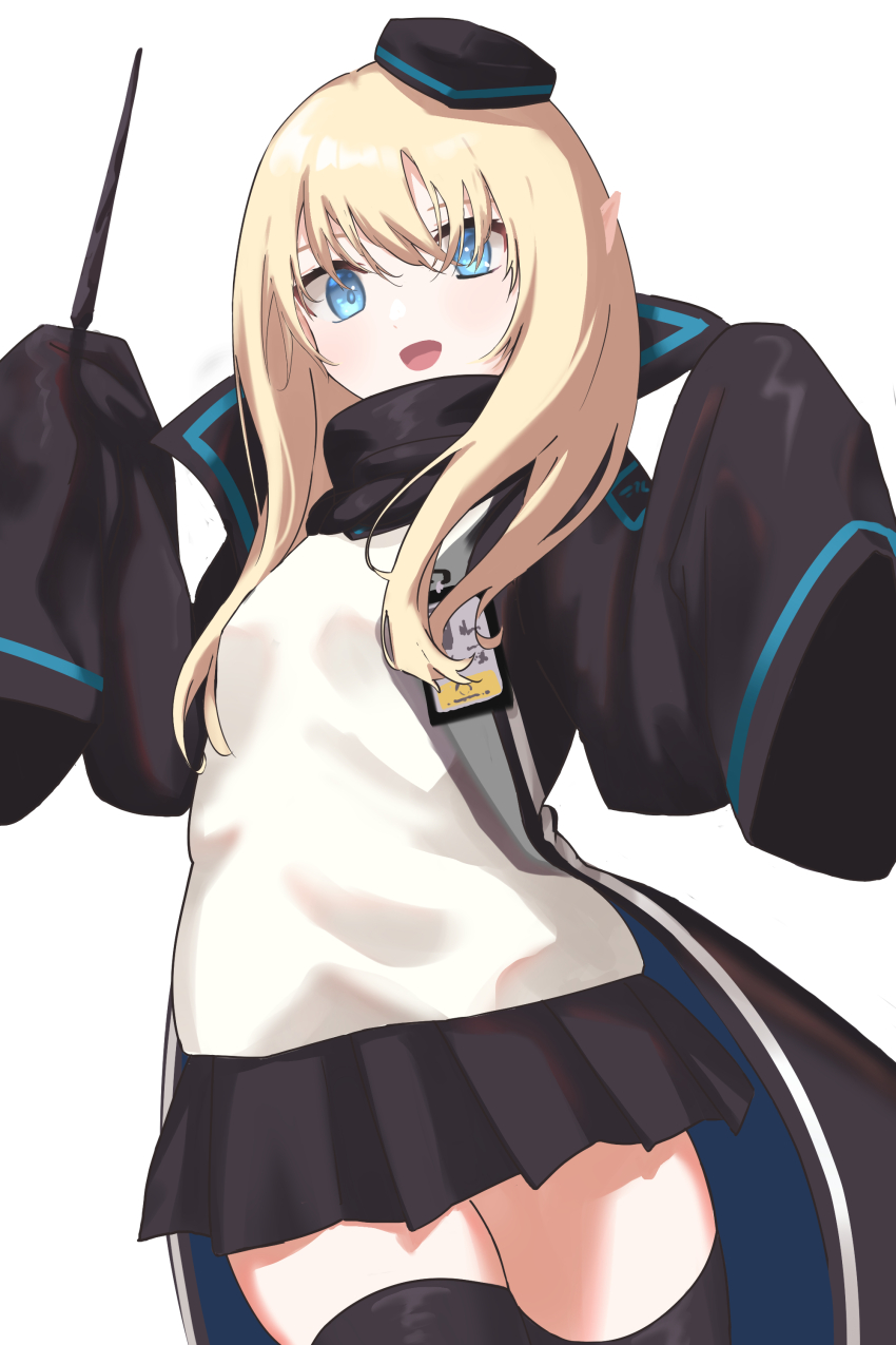 012_sasaki 1girl absurdres arknights black_coat black_hat black_jacket black_skirt black_thighhighs blonde_hair blue_eyes coat durin_(arknights) hat highres holding holding_wand id_card jacket long_hair long_sleeves looking_at_viewer open_clothes open_mouth pointy_ears shirt simple_background skirt sleeves_past_fingers sleeves_past_wrists solo thighhighs wand white_background white_shirt zettai_ryouiki