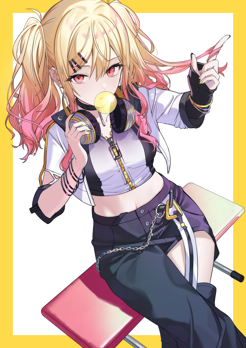 1girl absurdres asymmetrical_clothes black_choker black_pants blonde_hair blowing_bubble_gum blowing_bubbles breasts chain chewing_gum choker crop_top crossed_legs gradient_hair hair_ornament hairclip headphones headphones_around_neck highres jacket long_hair long_sleeves looking_at_viewer medium_breasts midriff multicolored_hair navel open_clothes open_jacket pants project_sekai red_eyes shirt single_leg_pantyhose sitting solo tenma_saki timmoo twintails white_jacket white_shirt