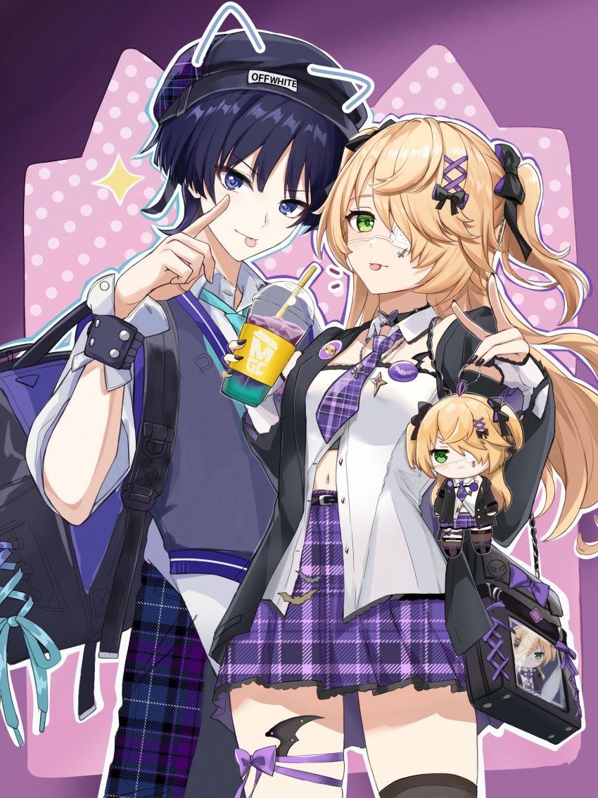 1boy 1girl :p akanbe alternate_costume animal_ears aqua_necktie artistic_error backpack bag bat_ornament beret black_bag black_bow black_choker black_hair black_hat black_jacket black_nails black_shorts black_sleeves black_thighhighs blazer blonde_hair blunt_ends bow butterfly_choker camisole cat_ears character_badge character_doll choker coffee collar collared_shirt cup detached_collar disposable_cup doll drawn_ears drinking_straw eyelid_pull eyeliner eyepatch eyeshadow finger_to_eye fischl_(genshin_cafe_in_seoul)_(genshin_impact) fischl_(genshin_impact) fox_shadow_puppet frilled_camisole frilled_sleeves frills front_slit genshin_impact green_eyes grey_sweater hair_bow hair_over_one_eye hair_ribbon hand_up handbag hat highres holding holding_cup holding_doll iced_coffee index_finger_raised jacket jewelry layered_sleeves long_hair makeup medical_eyepatch midriff_peek navel necklace necktie notice_lines official_alternate_costume open_clothes open_jacket parted_bangs plaid_clothes plaid_necktie plaid_shorts purple_background purple_bow purple_eyes purple_necktie purple_ribbon purple_trim red_eyeliner red_eyeshadow ribbon saint_laurent_paris scaramouche_(genshin_impact) shirt short_sleeves shorts side-by-side single_thighhigh skull_print star_ornament sweater sweater_vest thigh_bow thighhighs tongue tongue_out two_side_up v v-shaped_eyebrows wanderer_(genshin_impact) wanderer_(mega_mgc_coffee)_(genshin_impact) white_camisole white_collar white_shirt white_sleeves white_trim white_undershirt white_wrist_cuffs wrist_cuffs