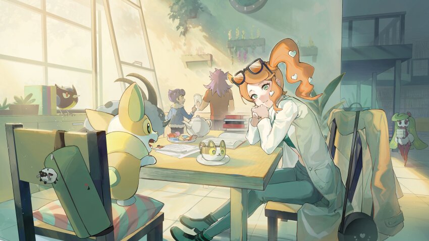 1girl 2boys absurdres bag book chair closed_mouth coat commentary_request crop_top cup dubwool eyewear_on_head gen_7_pokemon gen_8_pokemon green_eyes green_footwear green_shirt highres hop_(pokemon) indoors leon_(pokemon) multiple_boys nintendo open_clothes open_coat orange_hair pants pokemon pokemon_(creature) pokemon_swsh rookidee shirt side_ponytail sitting smile sonia_(pokemon) sunglasses table teapot tsareena wooloo yamper youchengyan
