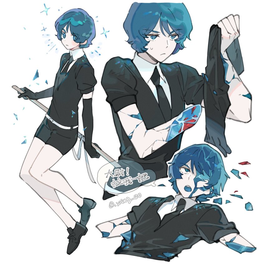 1boy black_gloves black_jacket black_necktie black_shirt blue_eyes blue_hair color_connection cosplay elbow_gloves gloves hair_color_connection highres houseki_no_kuni jacket kamille_bidan multiple_views necktie phosphophyllite phosphophyllite_(cosplay) shirt solo white_background white_shirt xing_20