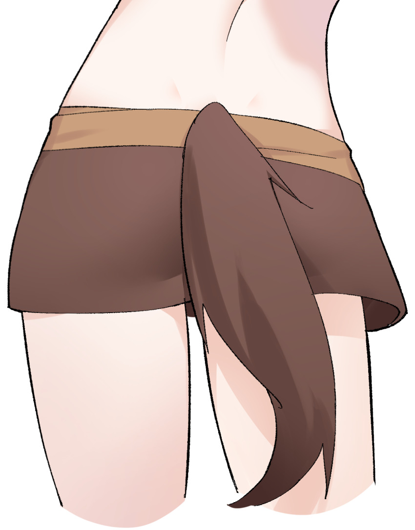 1girl back brown_skirt close-up commentary fake_tail from_behind halloween_costume highres inaba_meguru lcz lower_body miniskirt official_alternate_costume sanoba_witch simple_background skirt solo symbol-only_commentary tail thighs werewolf_costume white_background wolf_tail