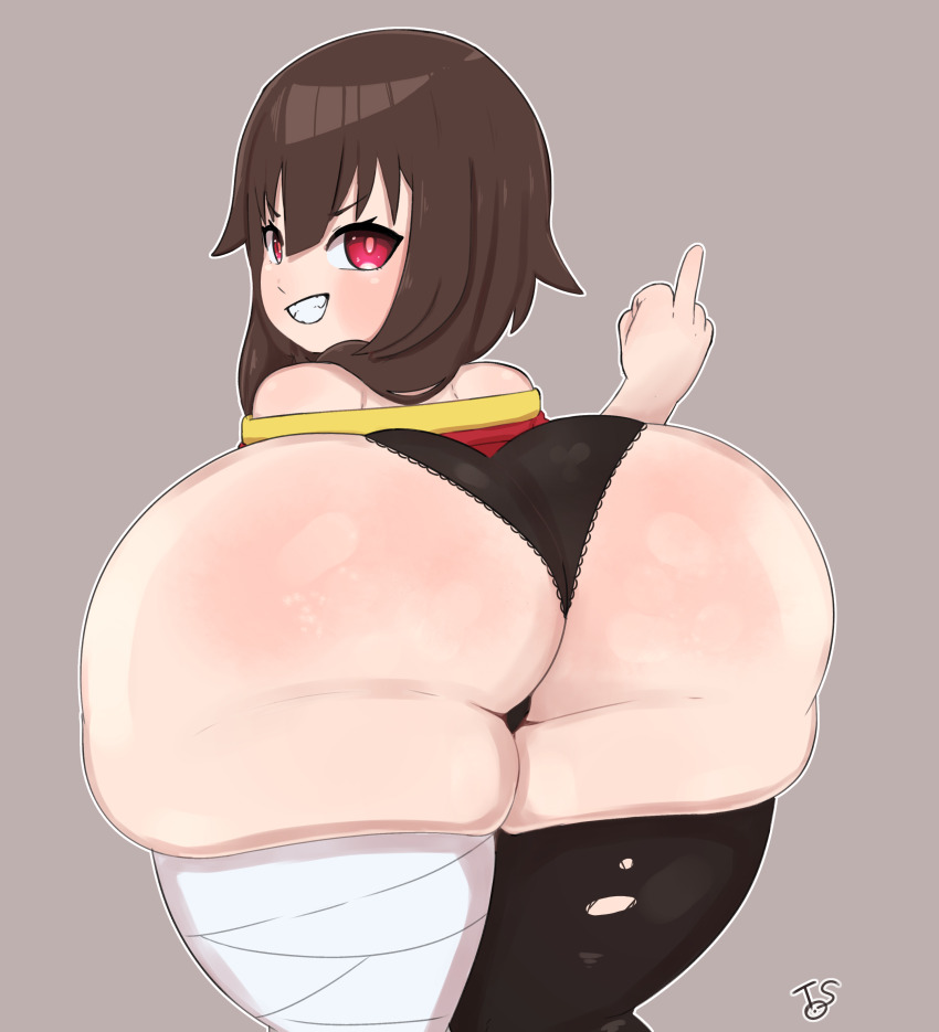 1girl artist_name ass ass_focus asymmetrical_legwear bandaged_leg bandages bare_shoulders bent_over black_panties black_thighhighs blush brown_hair clothes_lift dress dress_lift eyelashes feet_out_of_frame female_focus from_behind grey_background grin hand_up huge_ass kono_subarashii_sekai_ni_shukufuku_wo! kusogaki kyojiri_loli loli long_hair megumin middle_finger off-shoulder_dress off_shoulder panties red_dress red_eyes simple_background smile smug solo standing teeth tenshio thighhighs two-tone_dress underwear yellow_dress