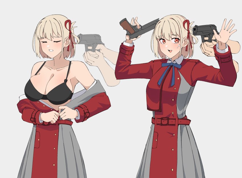 1girl 1other absurdres at_gunpoint beretta_92 black_bra blonde_hair bra breasts disembodied_hand dress dressing gar32 grey_background gun hair_ornament handgun hands_up highres large_breasts lycoris_recoil lycoris_uniform m1911 nishikigi_chisato red_eyes sketch surrendering two-tone_dress underwear weapon